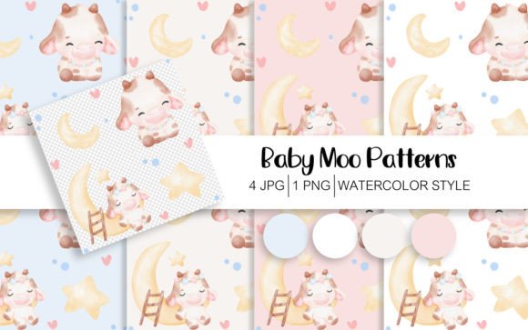 Baby Cow Watercolor Seamless Patterns